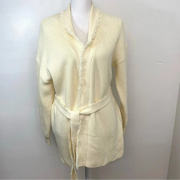 Waffle Knit Cardigan  Woman Small Fringe Cream  Open Belt Boho Soft Lagenlook - Picture 1 of 12